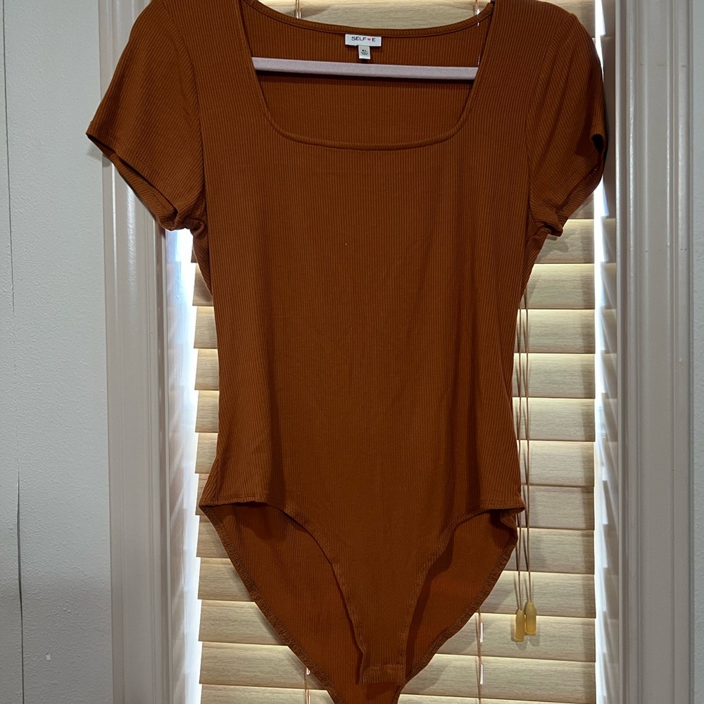 Rust Ribbed Bodysuit - Square Neck Short Sleeve